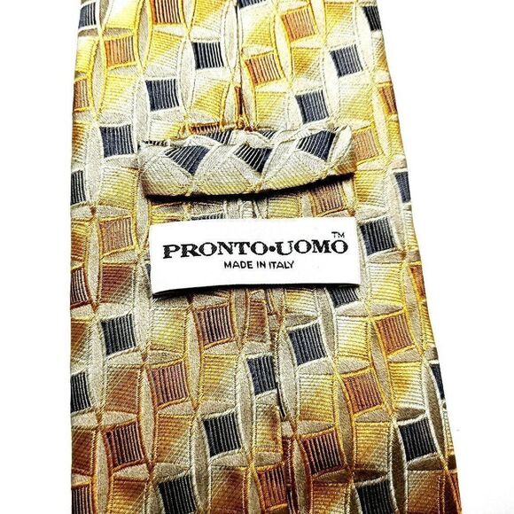 Pronto Uomo Silk Tie‎ Yellow Woven Geometric - Picture 3 of 6